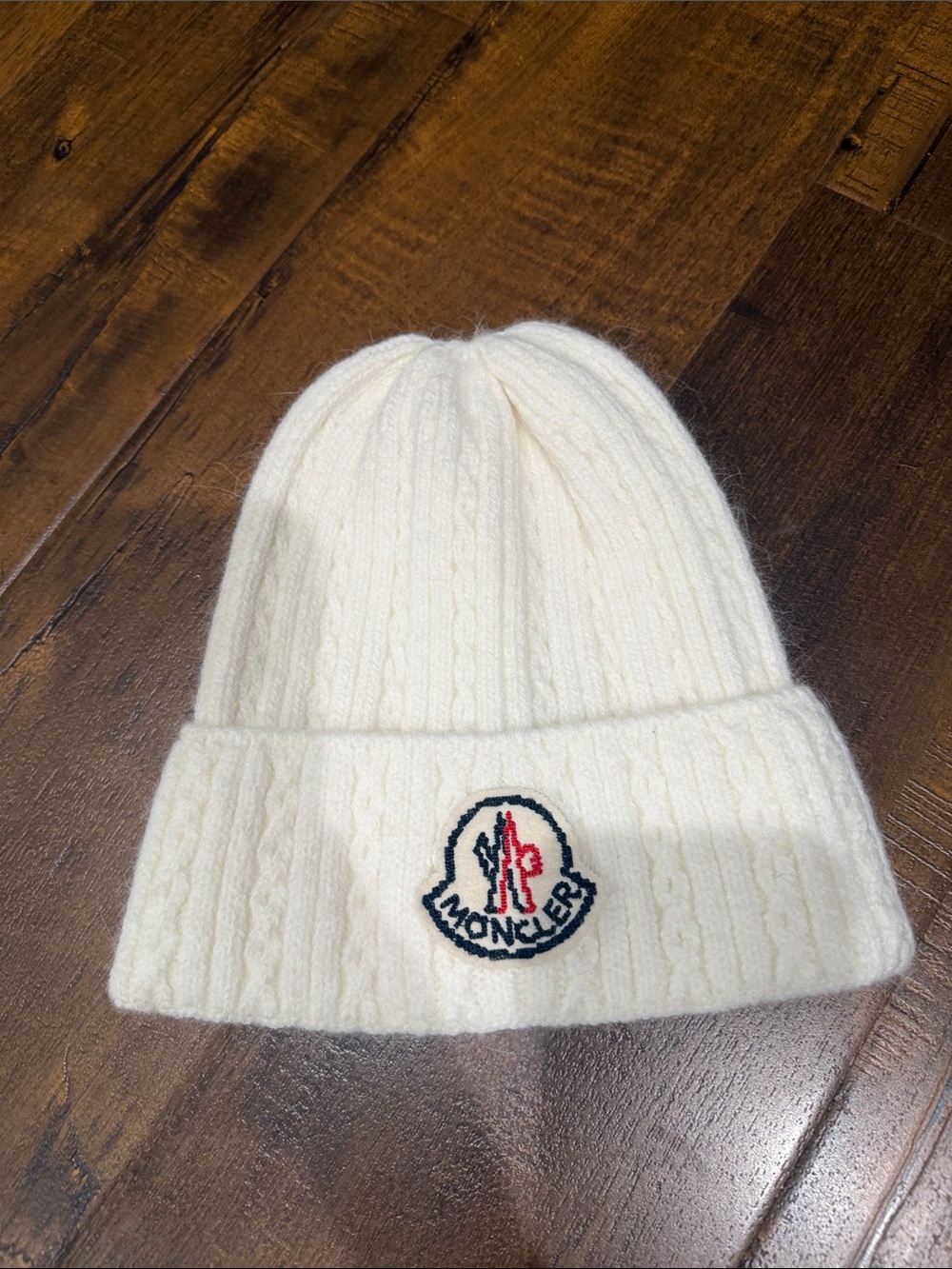 Moncler White Beanie with Logo Patch